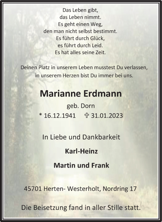 Traueranzeige von Marianne Erdmann von Tageszeitung