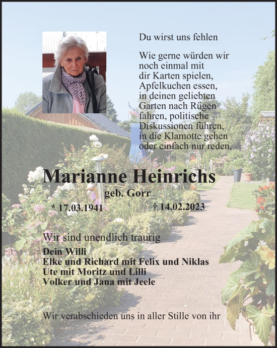 Traueranzeige von Marianne Heinrichs von Tageszeitung