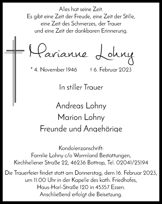 Traueranzeige von Marianne Lohny von Tageszeitung