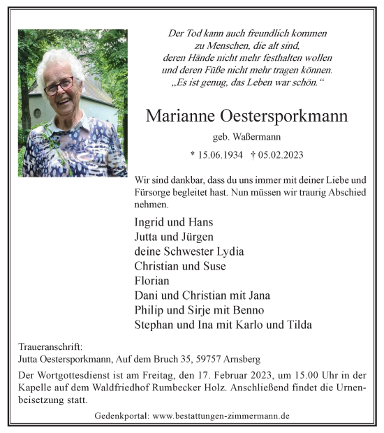 Traueranzeige von Marianne Oestersporkmann von Tageszeitung
