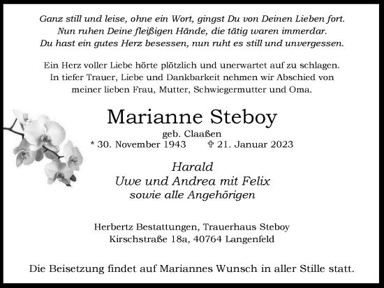 Traueranzeige von Marianne Steboy von WVW Anzeigenblätter