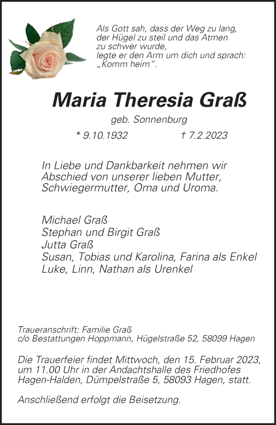 Traueranzeige von Maria Theresia Graß von Tageszeitung