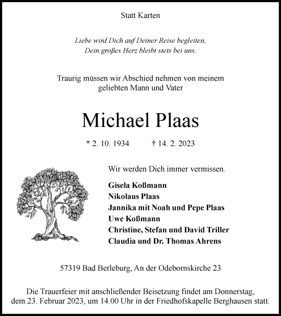 Traueranzeige von Michael Plaas von Tageszeitung