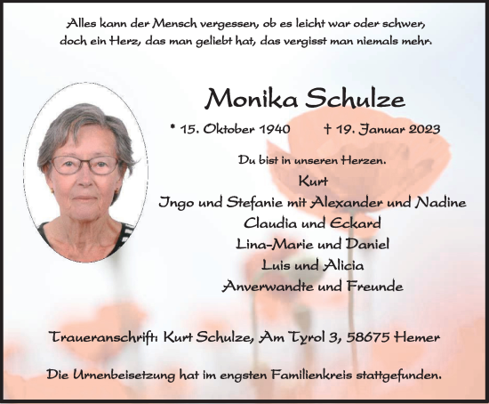 Traueranzeige von Monika Schulze von Tageszeitung
