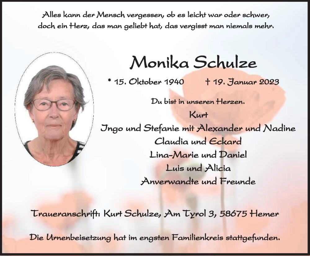  Traueranzeige für Monika Schulze vom 04.02.2023 aus Tageszeitung