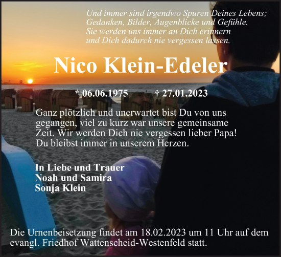 Traueranzeige von Nico Klein-Edeler von Tageszeitung