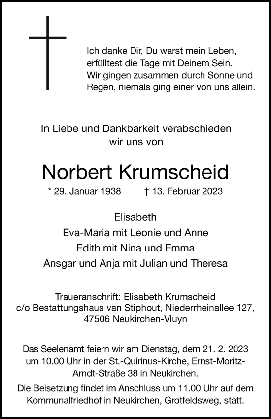 Traueranzeige von Norbert Krumscheid von Tageszeitung