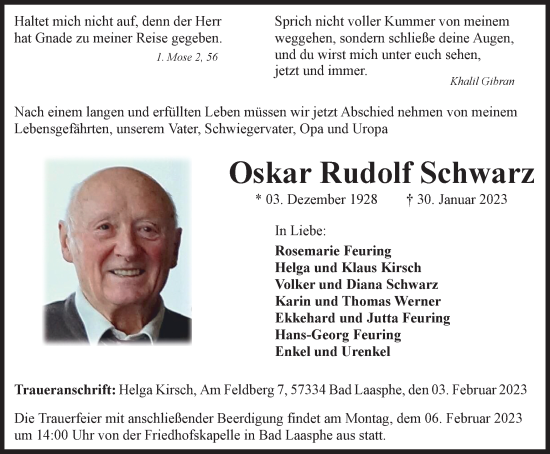 Traueranzeigen Von Oskar Rudolf Schwarz | Trauer-in-NRW.de