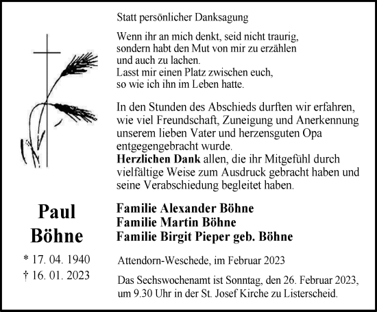 Traueranzeige von Paul Böhne von Tageszeitung