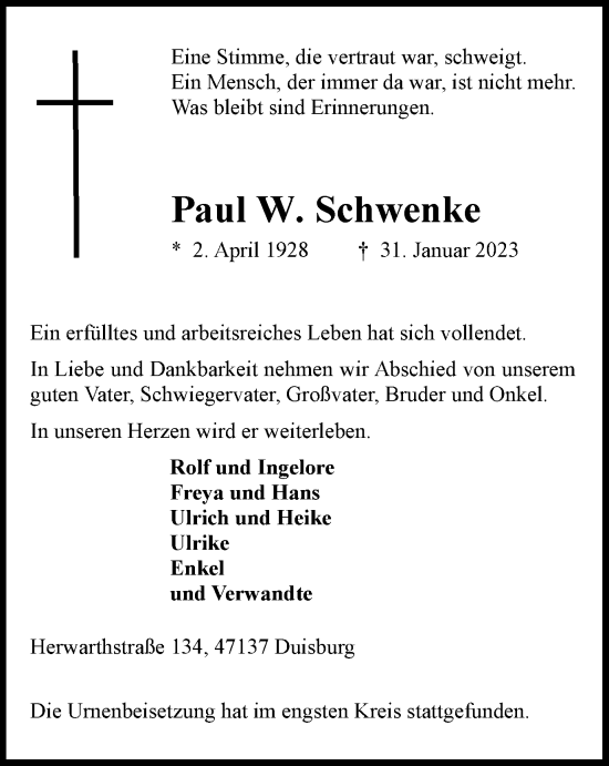 Traueranzeige von Paul  Schwenke von Tageszeitung