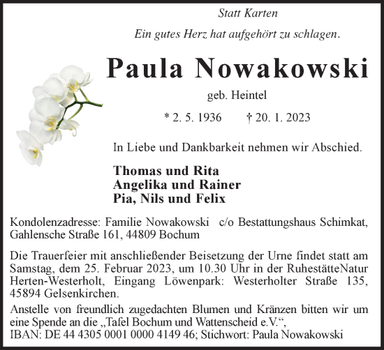 Traueranzeige von Paula Nowakowski von Tageszeitung