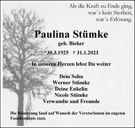 Traueranzeige von Paulina Stümke von WVW Anzeigenblätter