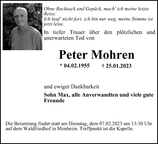 Traueranzeige von Peter Mohren von WVW Anzeigenblätter