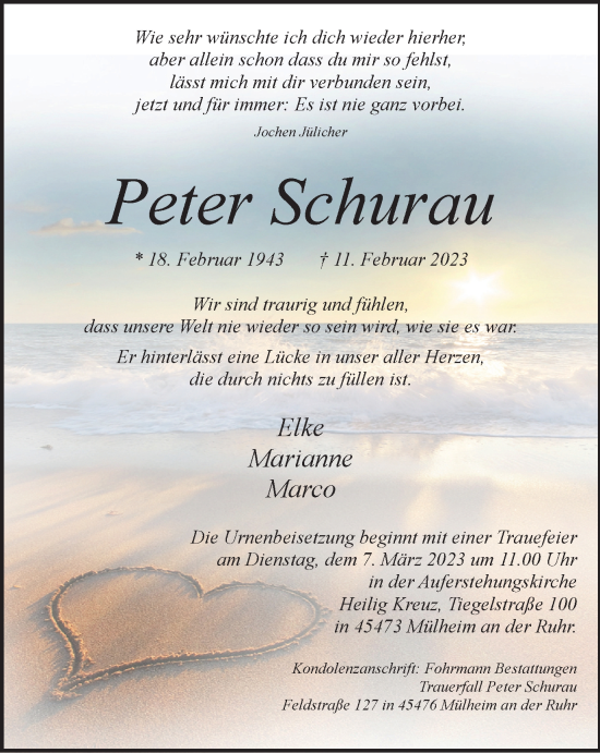Traueranzeige von Peter Schurau von WVW Anzeigenblätter