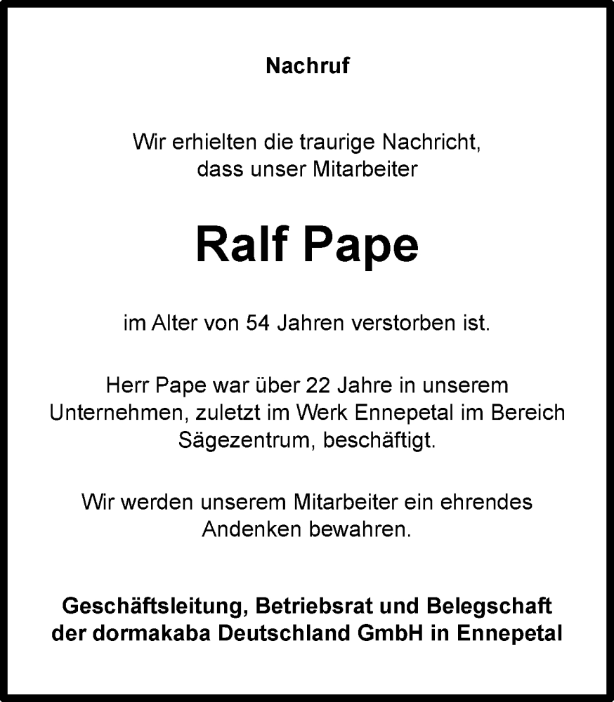  Traueranzeige für Ralf Pape vom 18.02.2023 aus Tageszeitung
