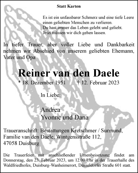 Traueranzeige von Reiner van den Daele von Tageszeitung