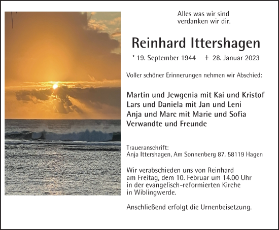 Traueranzeige von Reinhard Ittershagen von Tageszeitung