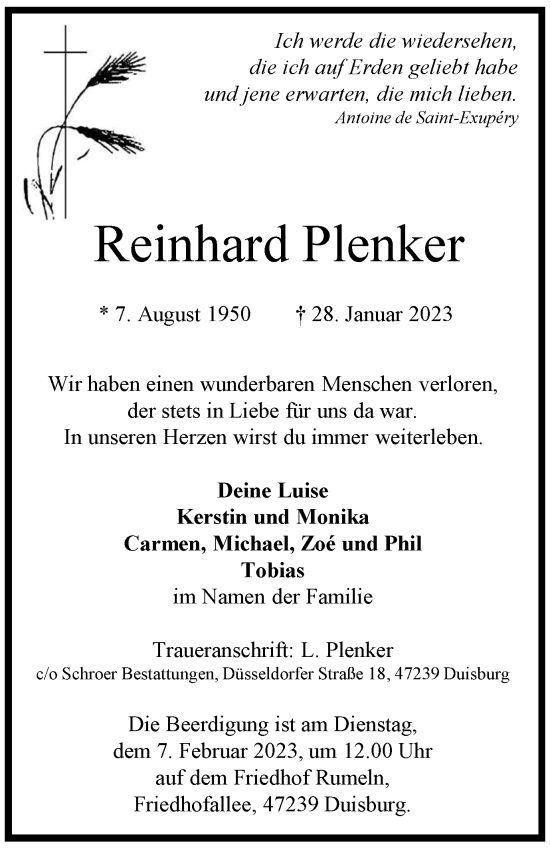 Traueranzeige von Reinhard Plenker von Tageszeitung