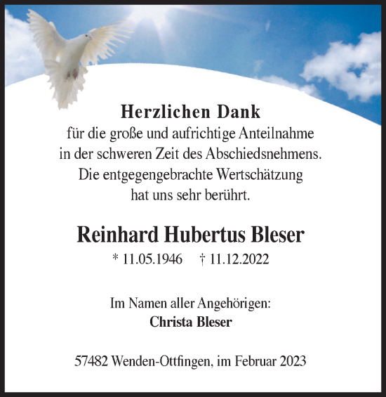 Traueranzeige von Reinhard Hubertus Bleser von Tageszeitung