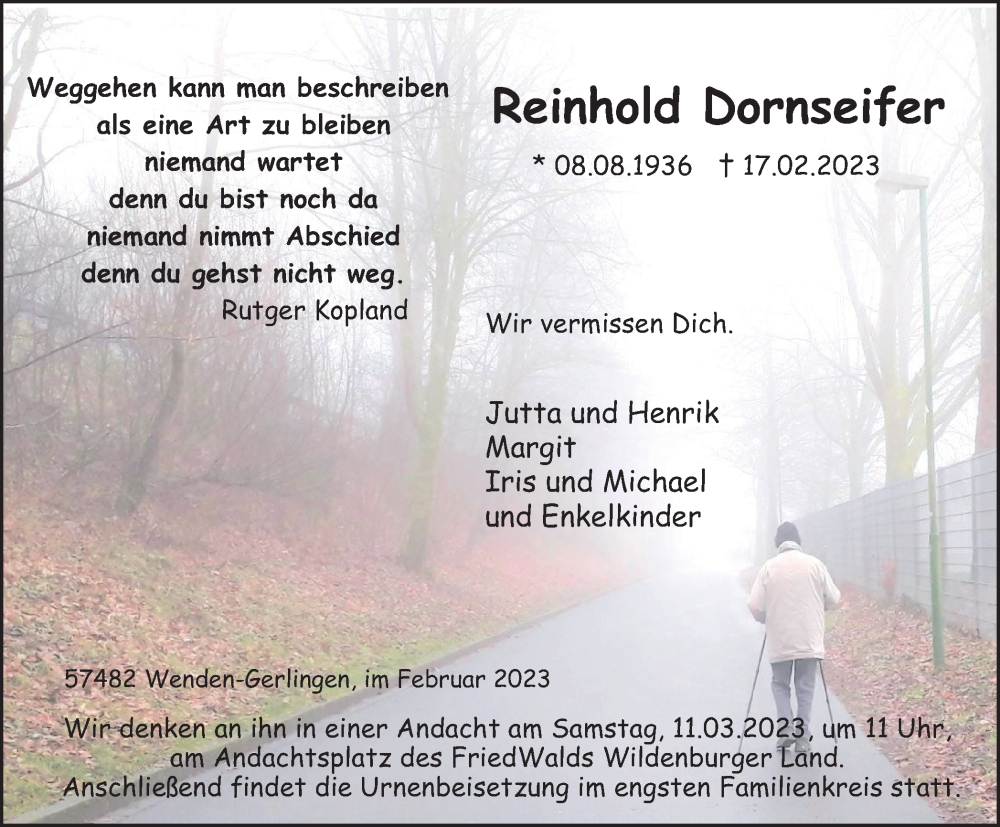  Traueranzeige für Reinhold Dornseifer vom 27.02.2023 aus Tageszeitung