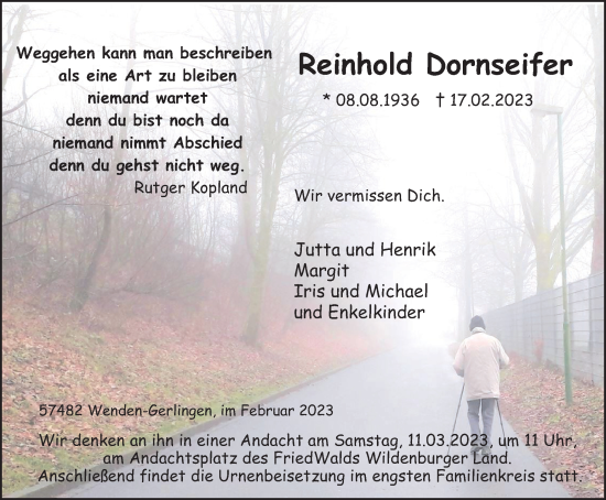 Traueranzeige von Reinhold Dornseifer von Tageszeitung