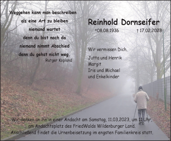 Traueranzeige von Reinhold Dornseifer von Tageszeitung