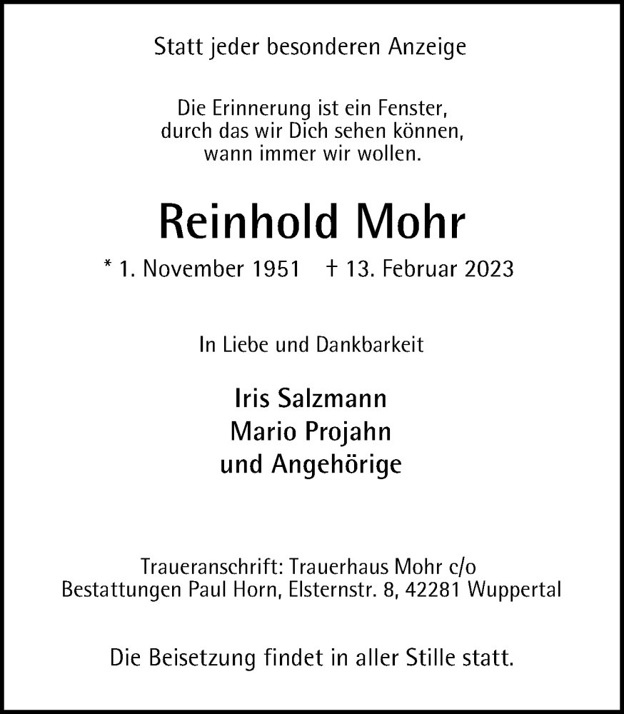  Traueranzeige für Reinhold Mohr vom 18.02.2023 aus WVW Anzeigenblätter