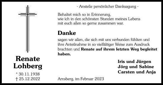 Traueranzeige von Renate Lohberg von Tageszeitung