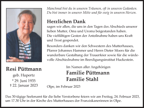 Traueranzeige von Resi Püttmann von Tageszeitung