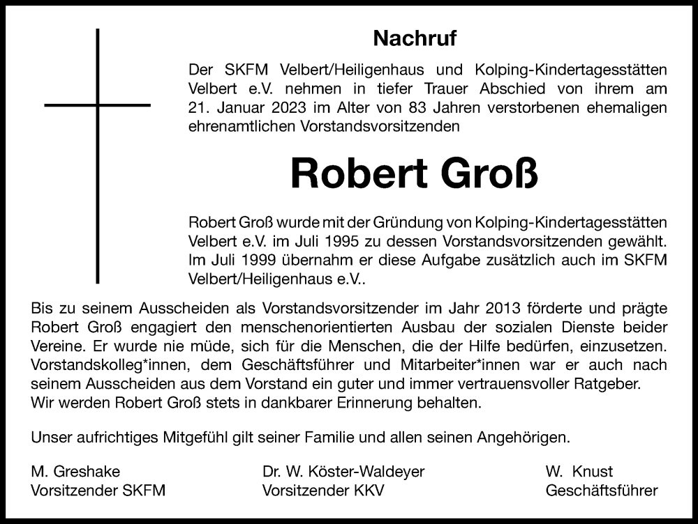  Traueranzeige für Robert Groß vom 04.02.2023 aus WVW Anzeigenblätter