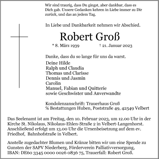 Traueranzeige von Robert Groß von WVW Anzeigenblätter