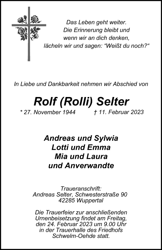 Traueranzeige von Rolf Selter von Tageszeitung