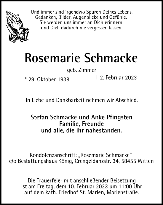 Traueranzeige von Rosemarie Schmacke von Tageszeitung