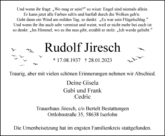 Traueranzeige von Rudolf Jiresch von Tageszeitung