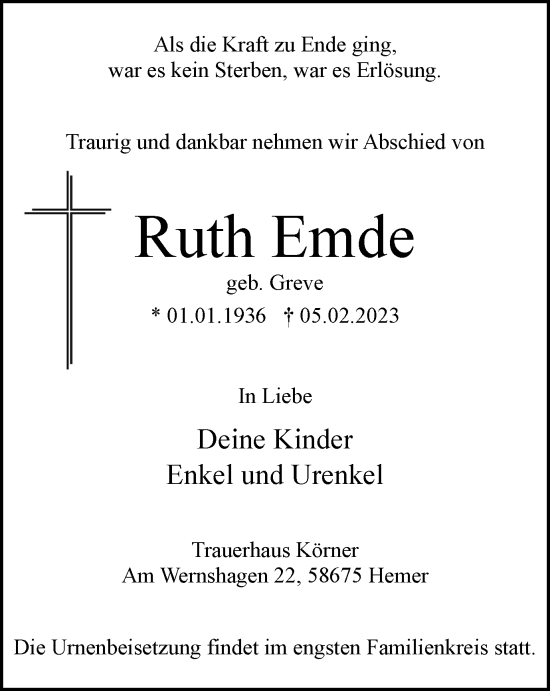 Traueranzeige von Ruth Emde von Tageszeitung