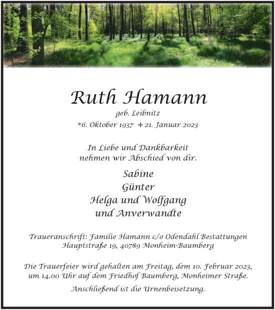 Traueranzeige von Ruth Hamann von WVW Anzeigenblätter