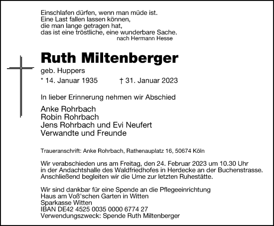 Traueranzeige von Ruth Miltenberger von Tageszeitung