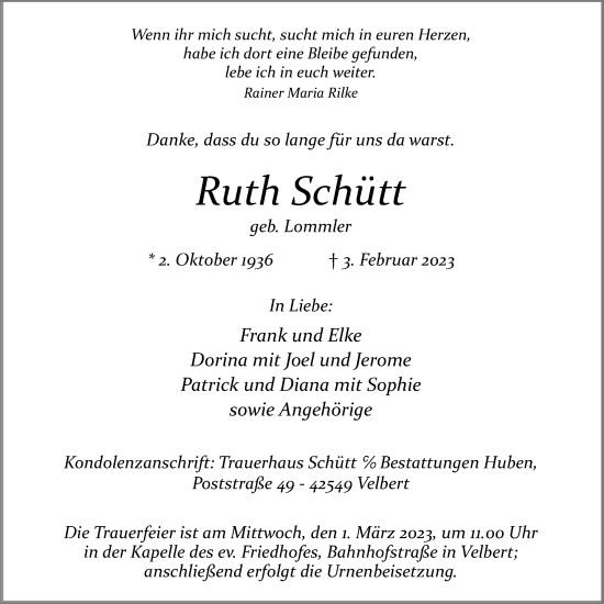 Traueranzeige von Ruth Schütt von WVW Anzeigenblätter