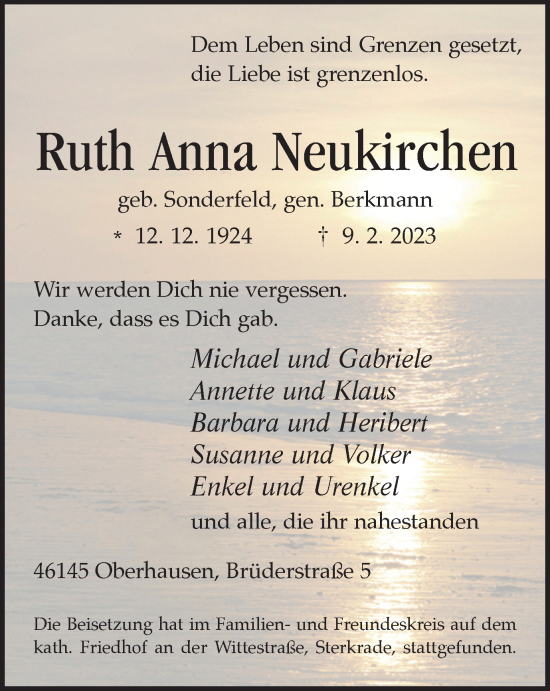 Traueranzeige von Ruth Anna Neukirchen von WVW Anzeigenblätter