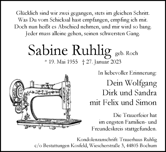 Traueranzeige von Sabine Ruhlig von WVW Anzeigenblätter