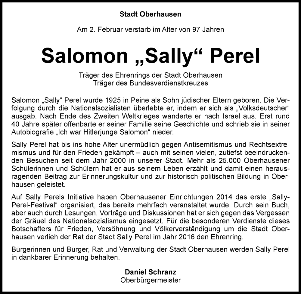 Traueranzeige für Salomon Perel vom 04.02.2023 aus Tageszeitung