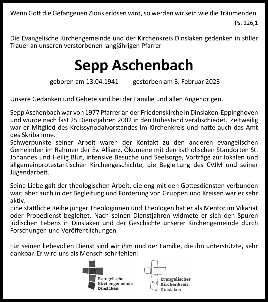  Traueranzeige für Sepp Aschenbach vom 11.02.2023 aus Tageszeitung