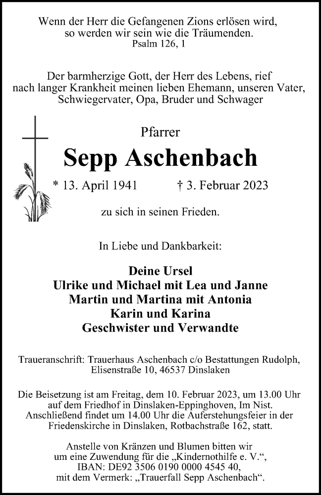  Traueranzeige für Sepp Aschenbach vom 08.02.2023 aus Tageszeitung
