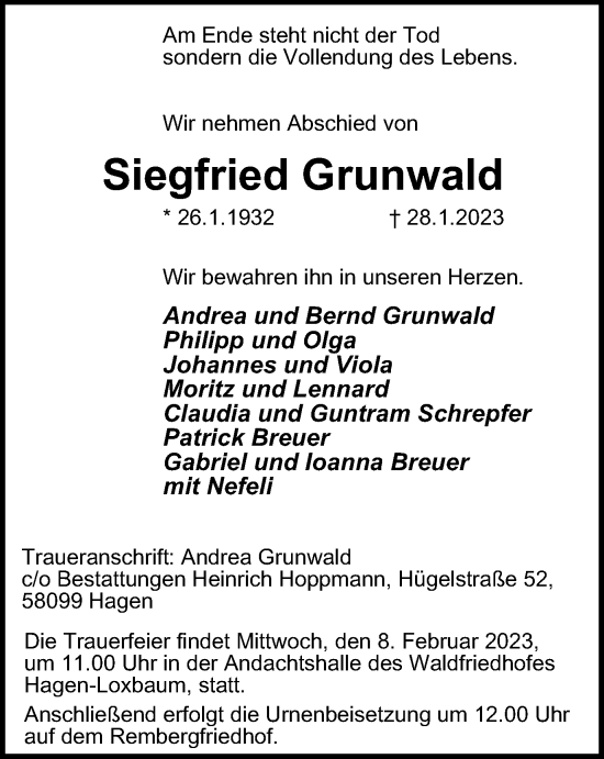 Traueranzeige von Siegfried Grunwald von Tageszeitung
