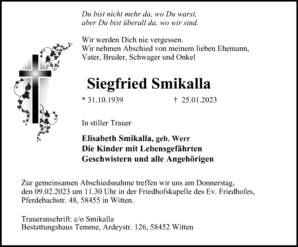  Traueranzeige für Siegfried Smikalla vom 04.02.2023 aus WVW Anzeigenblätter