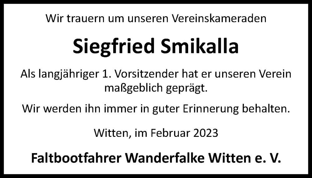 Traueranzeige für Siegfried Smikalla vom 04.02.2023 aus Tageszeitung