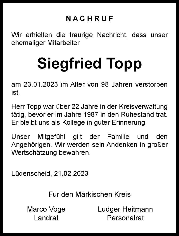  Traueranzeige für Siegfried Topp vom 25.02.2023 aus Tageszeitung