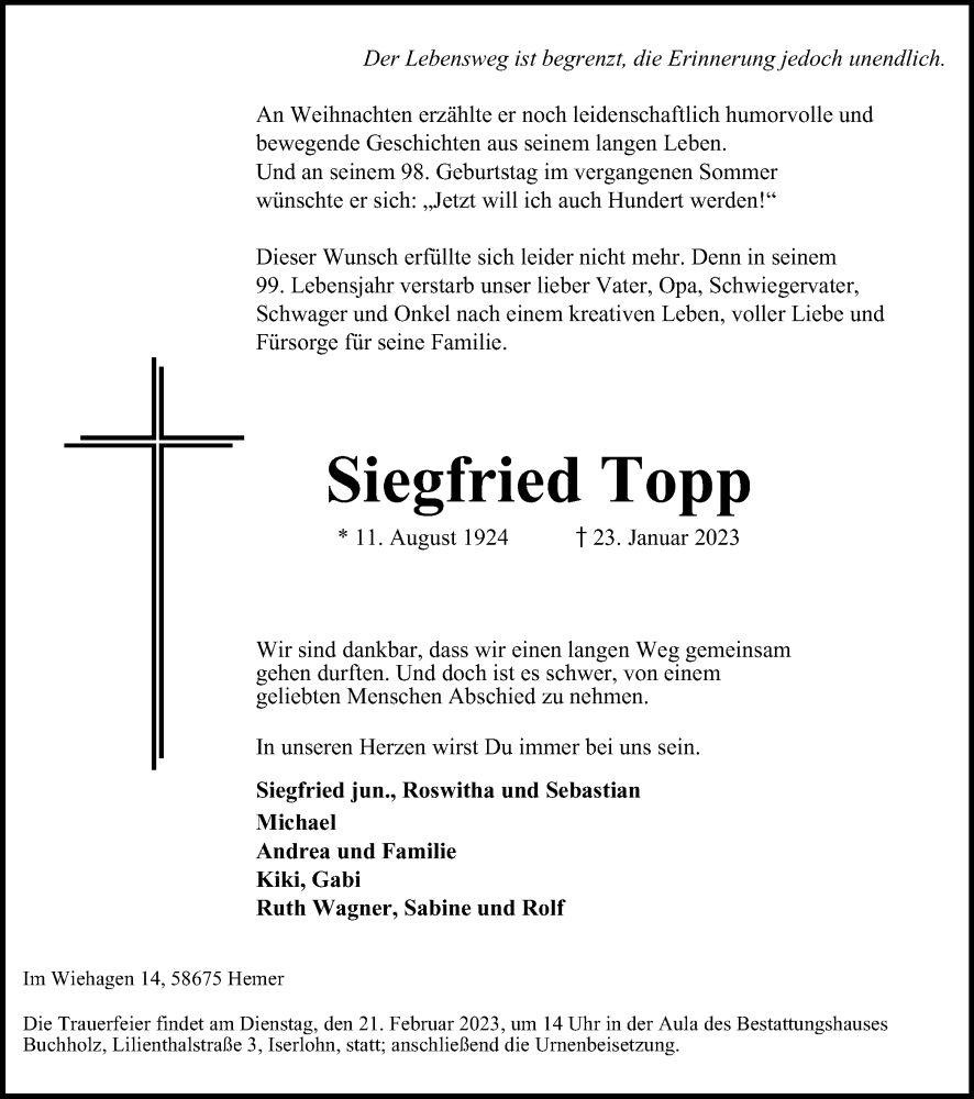  Traueranzeige für Siegfried Topp vom 18.02.2023 aus Tageszeitung