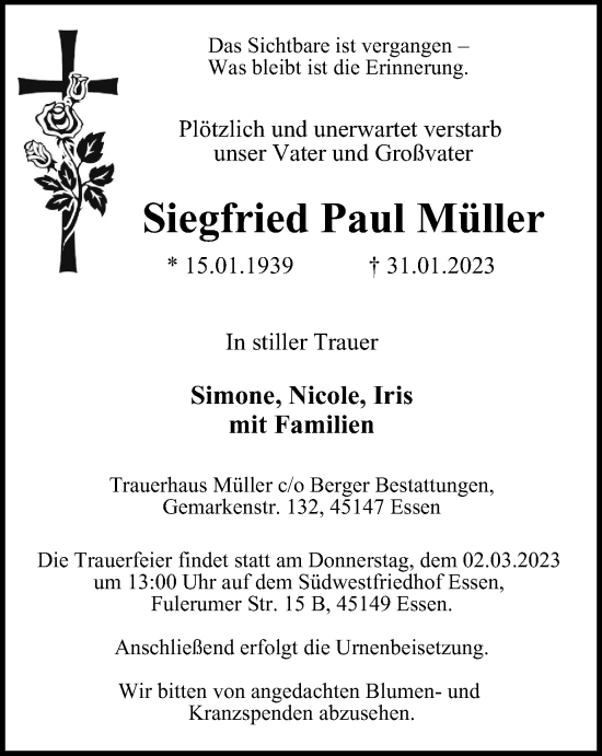 Traueranzeige von Siegfried Paul Müller von Tageszeitung