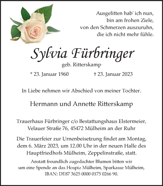 Traueranzeige von Sylvia Fürbringer von WVW Anzeigenblätter